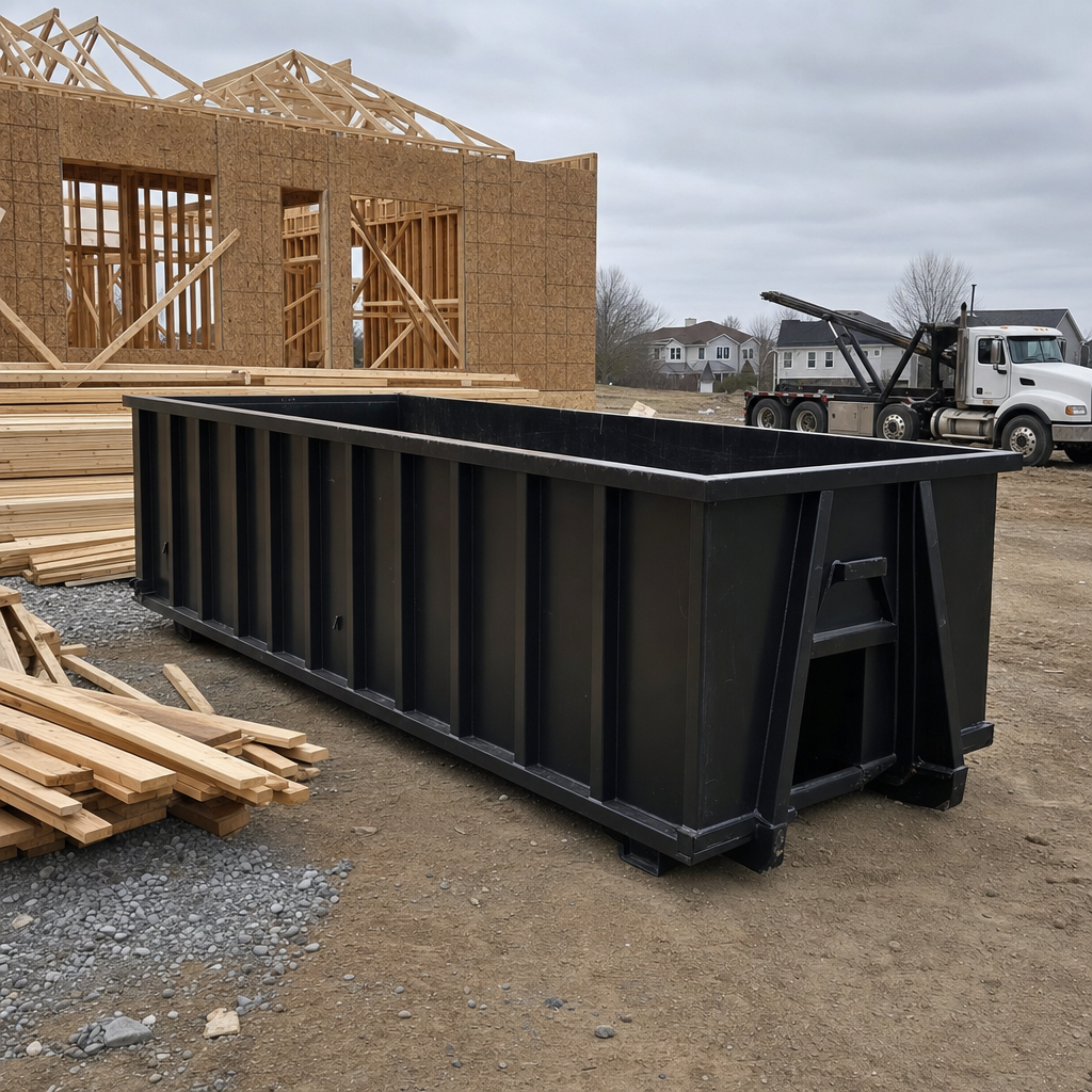 Matte-black 40-yard roll-off dumpster staged on a framed-out residential construction site in Napa, framing lumber stacked nearby, hooklift delivery truck visible in the background under bright Colorado daylight