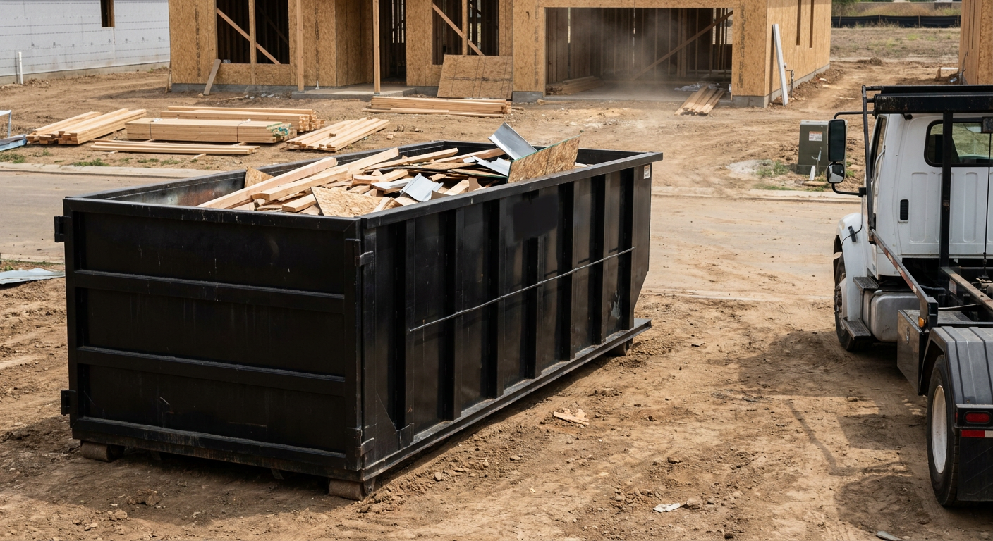 Matte-black 20-yard roll-off construction dumpster with heavy ribbed steel sidewalls and swing rear doors at a working jobsite in Napa, sitting directly on compacted dirt with an unmarked white hauler partially visible at the far edge of the frame.