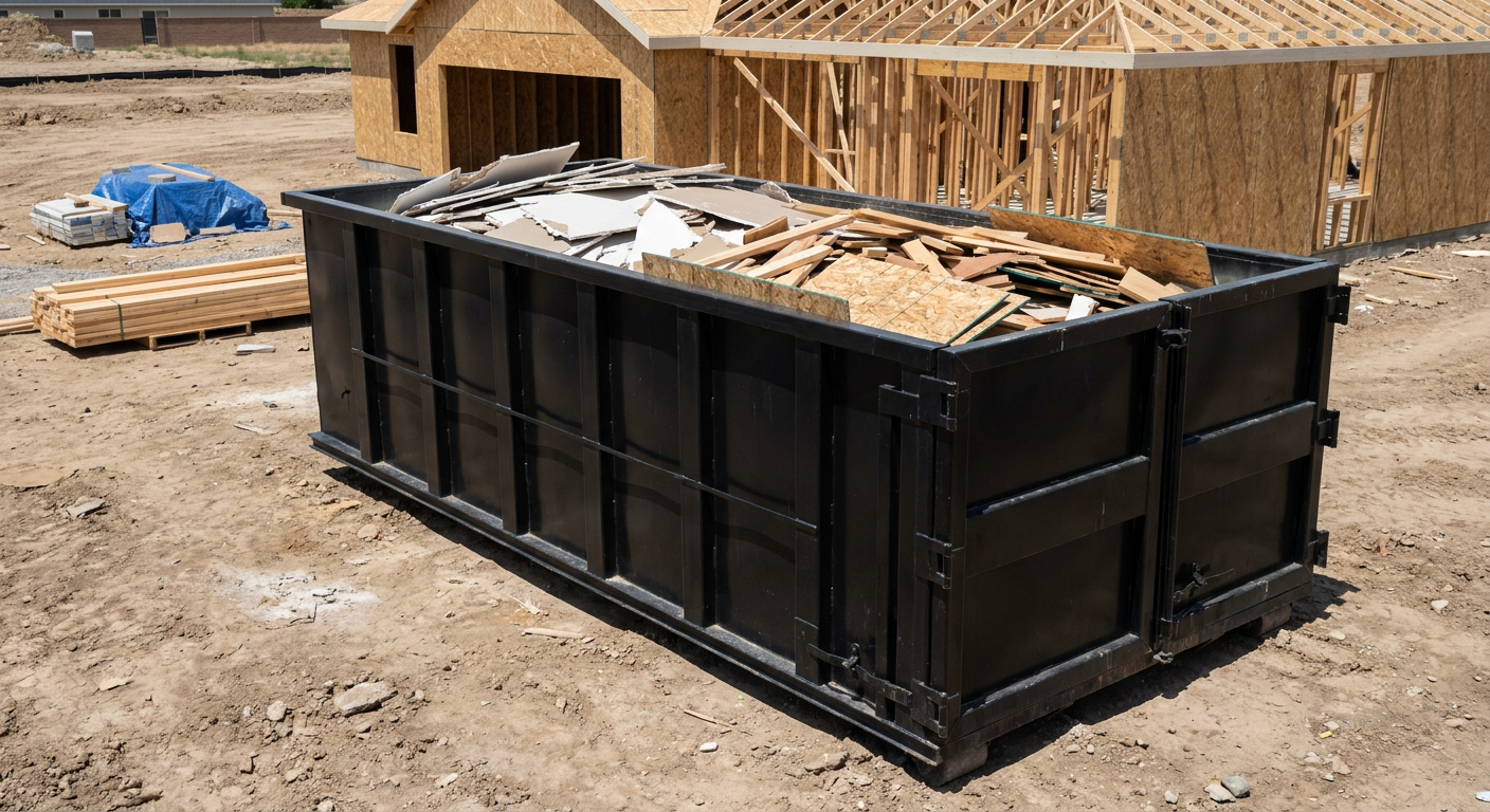 Matte-black 30-yard roll-off construction dumpster sitting directly on the compacted-dirt site of a framed single-family home build in Napa, drywall and lumber scrap loaded inside.