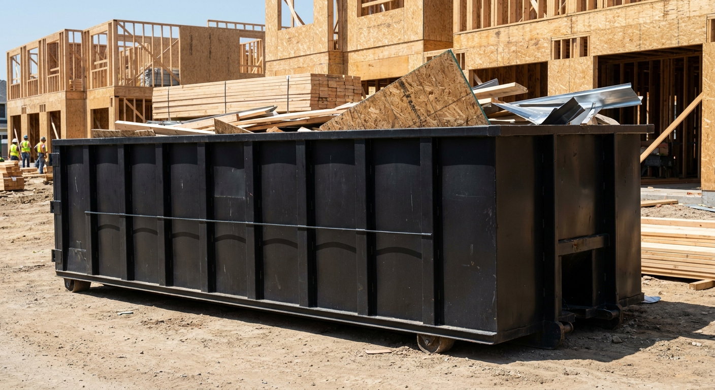 Matte-black 40-yard roll-off construction dumpster being lowered from a white-cab hooklift delivery truck onto the compacted-dirt jobsite at a commercial build site in Napa