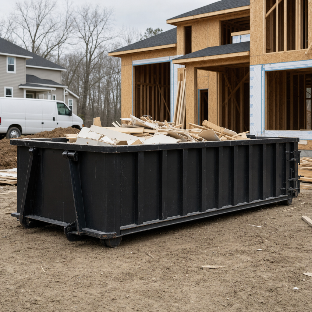 Worker in a yellow high-visibility vest tossing framing lumber and broken drywall into a matte-black 30-yard construction roll-off dumpster on an active build site in Napa, bright daylight