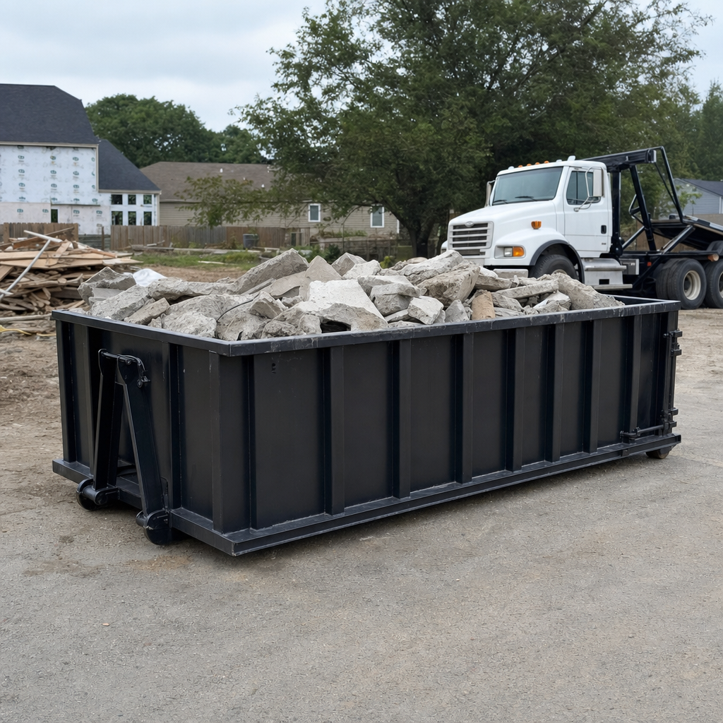 Low-profile matte-black lowboy roll-off dumpster loaded with broken concrete slab and rebar at a foundation tear-out in Napa, skid steer parked beside it, sunny Colorado morning
