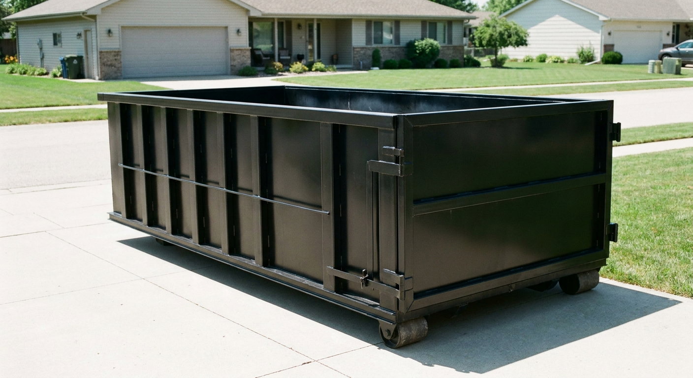Matte-black 10-yard roll-off dumpster on a residential concrete driveway in Napa, uniformly painted matte black across every panel and rail, ribbed steel sidewalls and rear swing door visible, mid-day daylight.