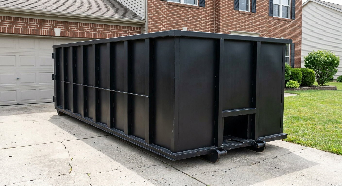 Matte-black 20-yard roll-off container on a Napa residential concrete driveway with reinforced ribbed steel sidewalls and a hinged rear walk-in door, clean bright daylight.