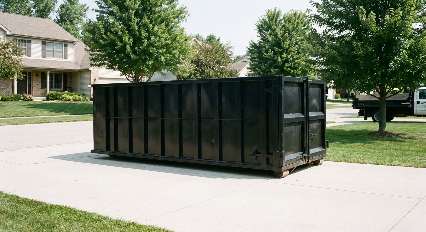 Matte-black 20-yard roll-off dumpster sitting level on a clean Napa residential concrete driveway under bright daylight, demonstrating clean placement directly on the concrete.