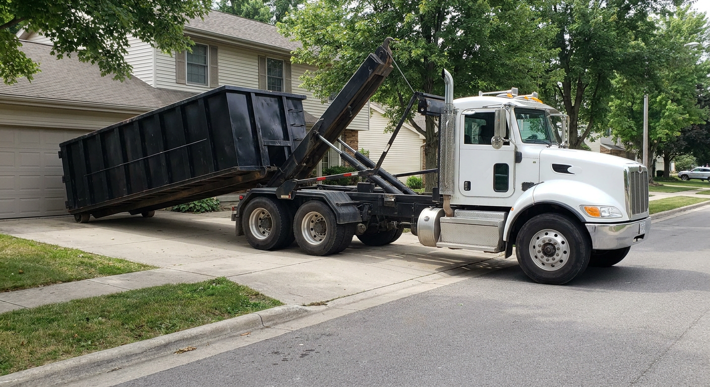 White-cab hooklift roll-off truck actively lowering a matte-black dumpster onto a Napa residential concrete driveway, the dumpster's rear wheels touching the driveway as the hoist arm tilts the bed forward, mid-morning daylight.