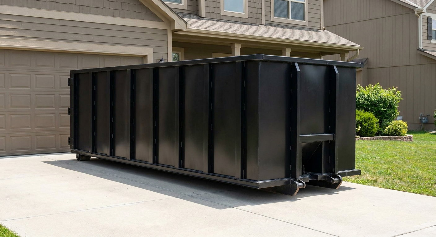 Matte-black residential roll-off dumpster sitting directly on a suburban Napa concrete driveway, garage door closed, single-family home in background, bright morning daylight.