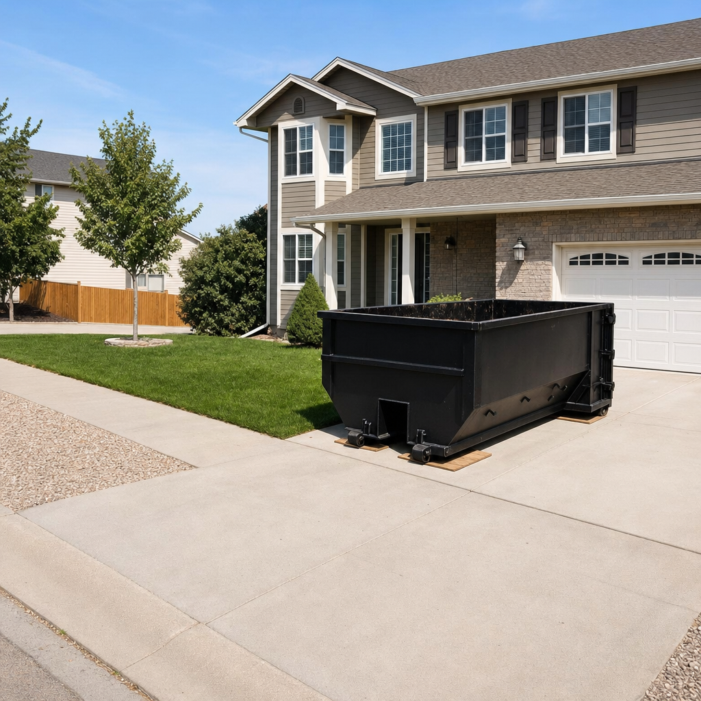 10-yard matte-black residential dumpster placed directly on a narrow Napa concrete driveway, room remains for a parked sedan beside it, mid-morning natural light
