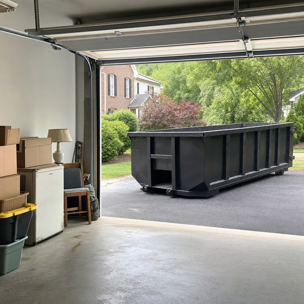 Open garage interior in a Napa home mid-cleanout — boxed items, an old appliance, and stacked yard tools queued near the driveway for a matte-black roll-off dumpster, organized and calm