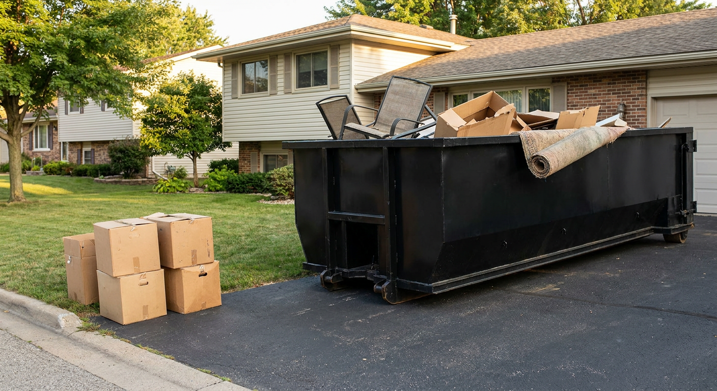 Front-yard view of a Napa split-level home with a 20-yard matte-black roll-off dumpster sitting directly on the asphalt driveway, a few clearly labeled donation boxes staged at the curb, calm sunny afternoon.