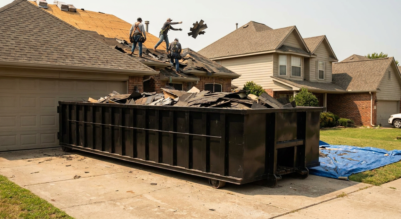 Matte-black roofing roll-off dumpster placed directly on a Napa residential concrete driveway, a tear-off crew on a two-story asphalt-shingle roof tossing shingle bundles into the low-walled container, bright daylight, documentary 35mm perspective.