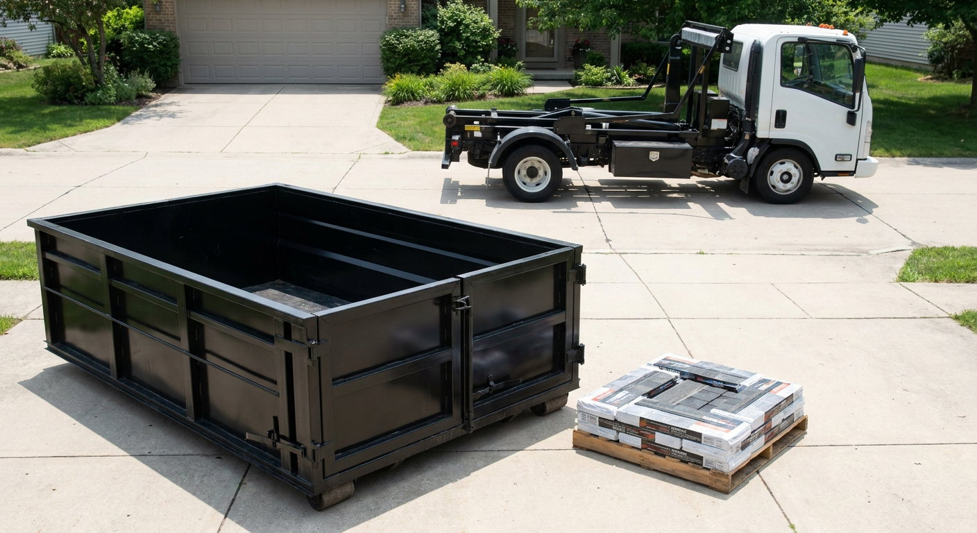 Matte-black 15-yard roofing roll-off dumpster with reinforced low side walls sitting directly on a Napa residential concrete driveway, three-tab asphalt shingle bundles stacked nearby, an unmarked white hauler truck partially visible at the edge of the frame.