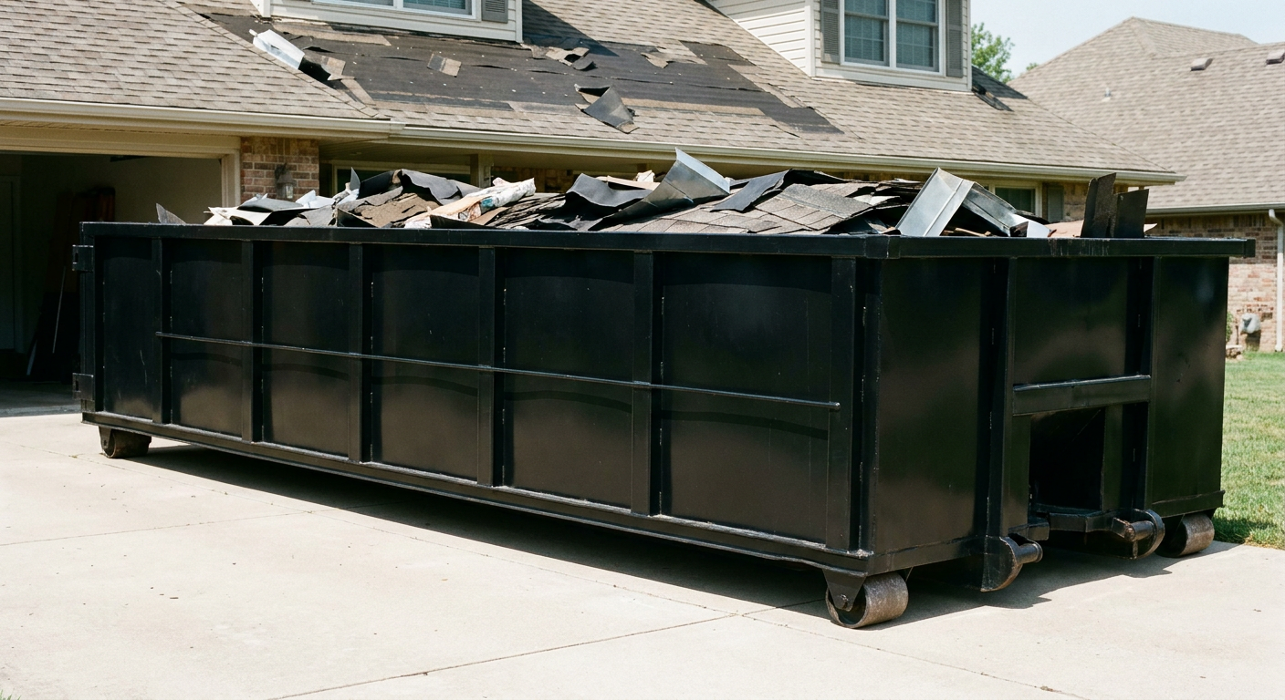 Matte-black 20-yard roofing roll-off dumpster with steel ribbed sides and swinging rear door, sitting directly on the concrete driveway of a two-story Napa home, asphalt shingle debris being loaded over the low wall, clean documentary lighting.