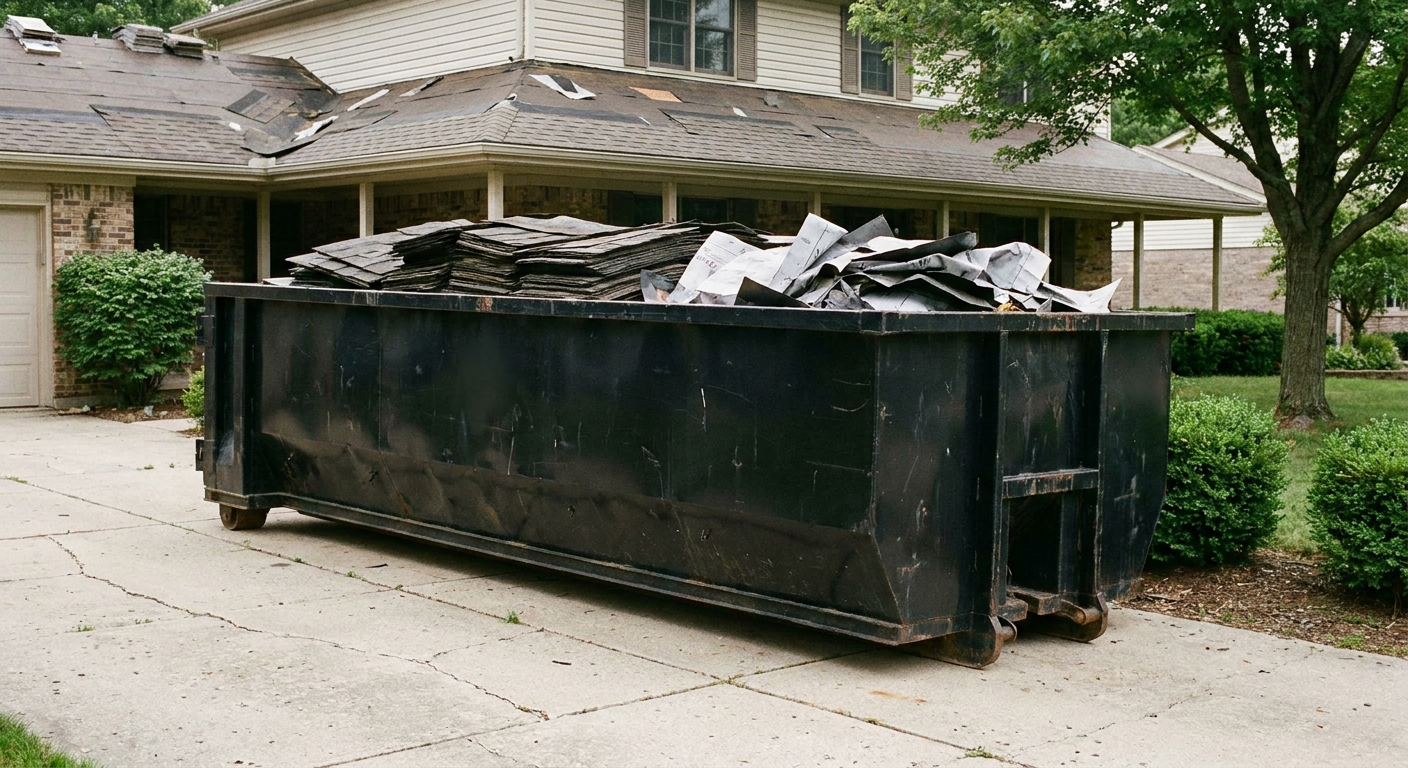 Matte-black 30-yard roofing roll-off dumpster sitting directly on a Napa concrete driveway, taller ribbed steel side panels, mixed tear-off debris of asphalt shingles and underlayment inside, professional documentary daylight.