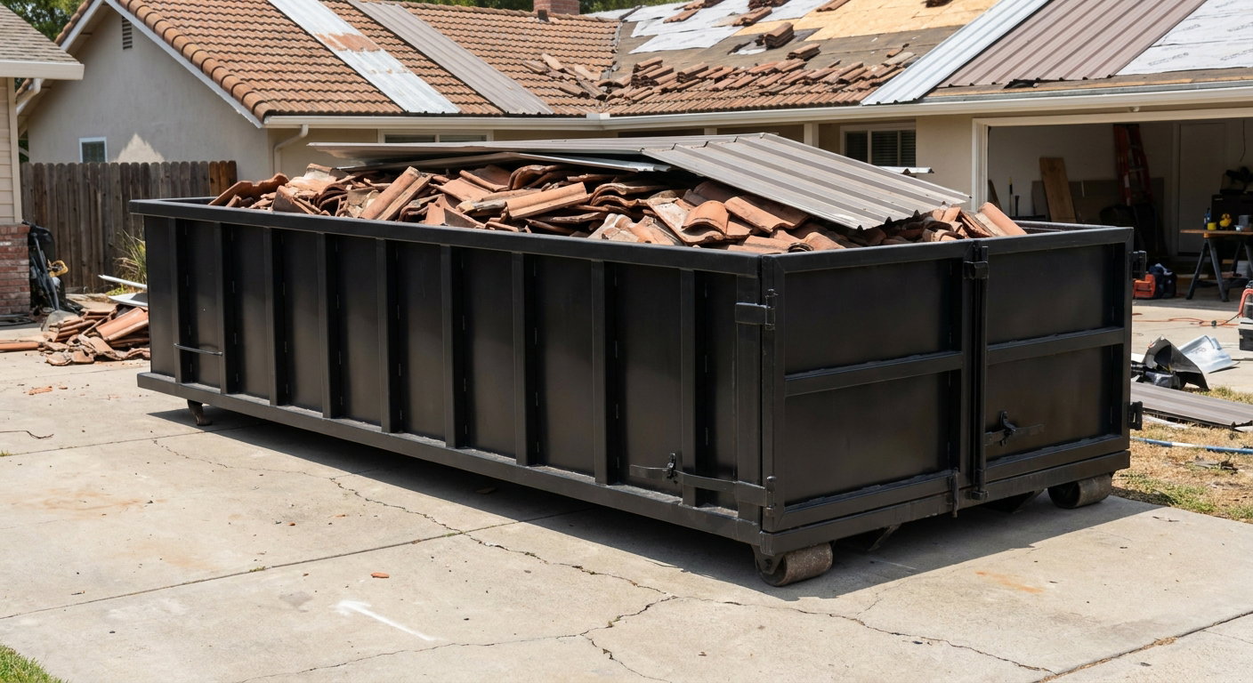 Matte-black low-wall heavy-debris roofing roll-off dumpster sitting directly on a Napa concrete driveway, broken concrete clay roof tiles and metal panel sections loaded inside, reinforced ribbed steel side walls visible, bright outdoor daylight.