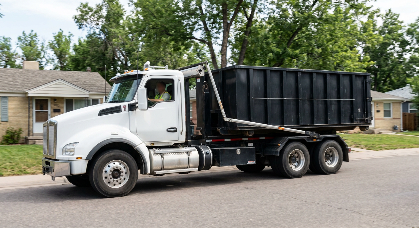 A wide documentary shot of a matte-black roll-off delivery truck pulling onto a quiet Napa residential street at mid-morning, with neighborhood rooftops and tree-lined blocks visible behind, showing the metro coverage footprint.