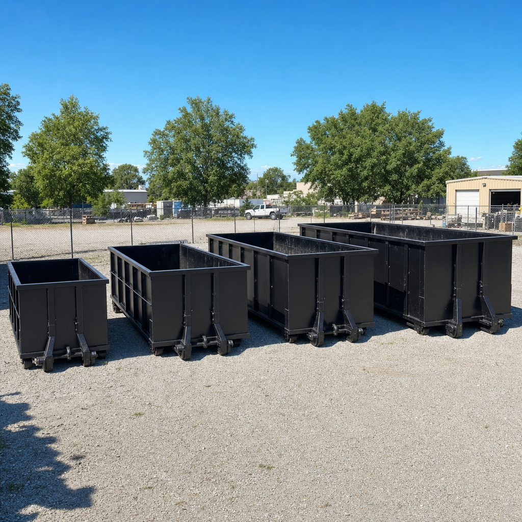 A clean lineup of matte-black roll-off dumpsters in 10, 20, 30, and 40-yard sizes staged on a sunlit gravel yard in Napa, showing the size progression from compact to commercial-scale containers.