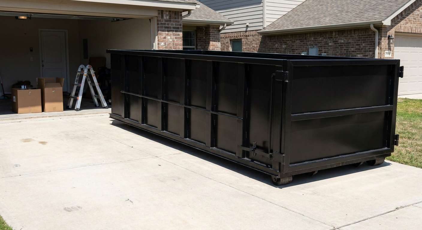A matte-black 10-yard roll-off dumpster sitting directly on a residential Napa concrete driveway, mid-day sunlight, clean and ready for a garage cleanout.
