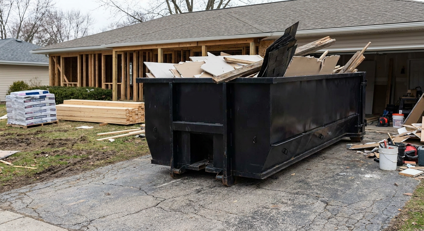 A matte-black 20-yard roll-off dumpster placed alongside a mid-renovation Napa home directly on the asphalt driveway, with framing materials and torn-off shingles staged neatly nearby.