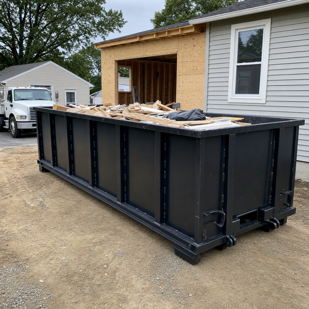 A matte-black 30-yard roll-off dumpster positioned at a Napa residential addition jobsite, with framing lumber and drywall scraps loaded through the open swinging rear doors.