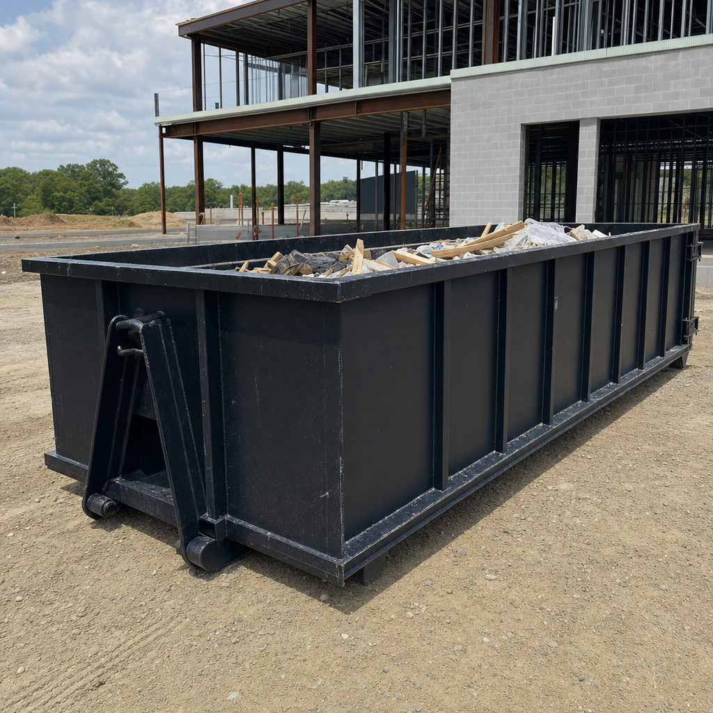 A matte-black 40-yard roll-off dumpster staged on a large Napa commercial construction lot, with a hooklift delivery truck parked alongside under bright midday sky.