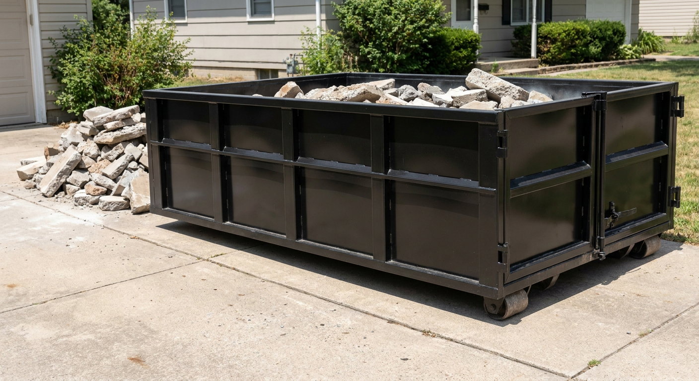 A matte-black low-side heavy-debris roll-off dumpster placed directly on a Napa concrete driveway, with broken concrete chunks neatly stacked beside it under clean daylight.
